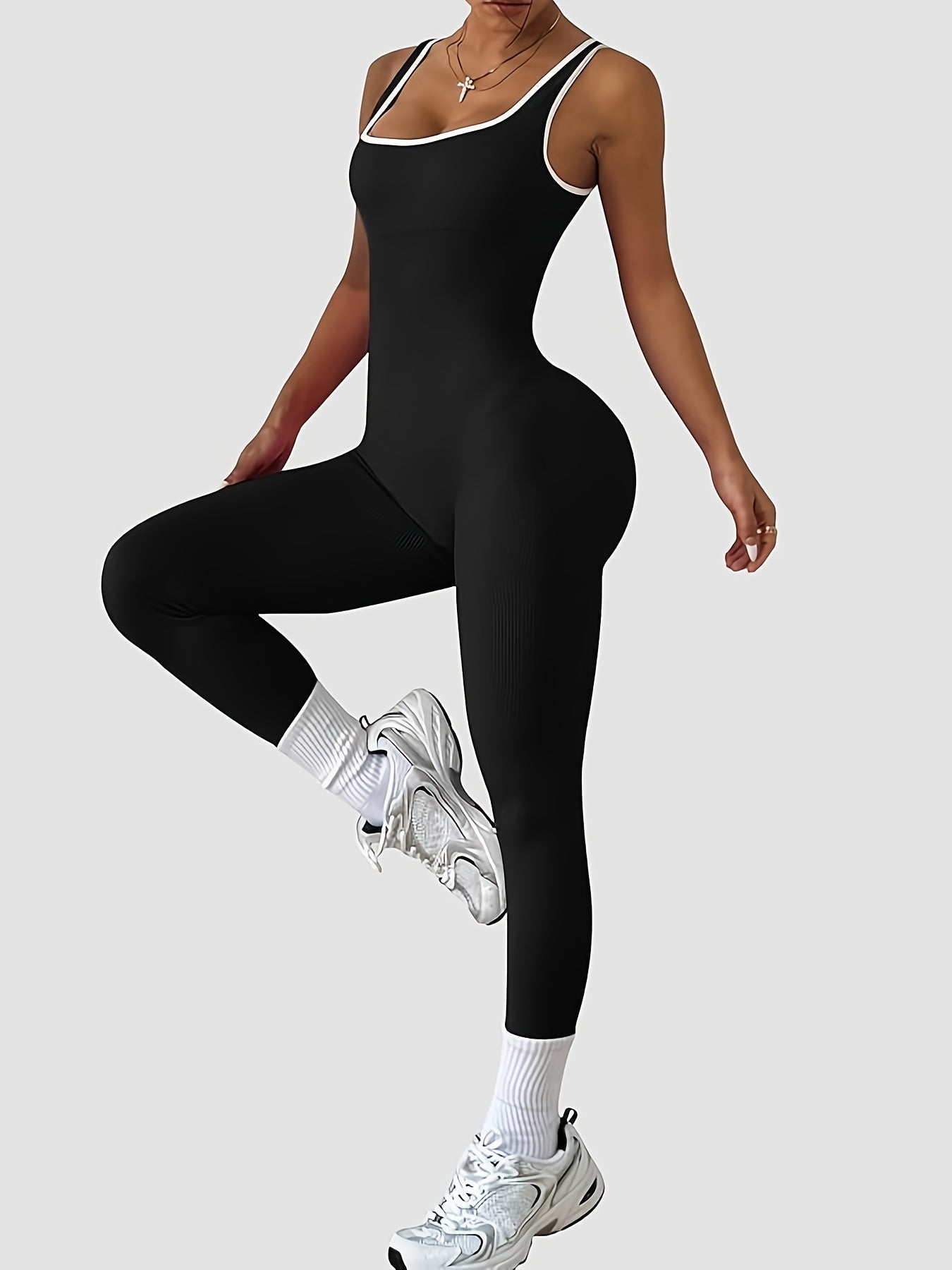 1pc YEFECY Women'S Sleeveless Square Collar Jumpsuit | 90% Nylon and 10% Elastic Fabric, Comfortable Thick, Impervious, Washable, Reusable, Suitable for Any Event, Exercise, Fitness, Pilates, Running, Yoga