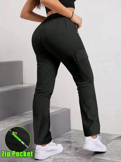 Women'S Spring/Autumn Zipper Pocket Cargo Pants, Fashionable Large Pocket Design, Drawstring Elastic Waist, Casual Outdoor/Daily Wear Slim Fit Trousers