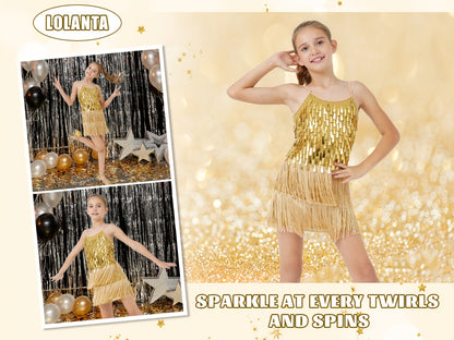 Girls Sequin Dance Dress Fringe Flapper Two-Piece Set Shiny Tassel Latin Dance Chukka Dress With Adjustable Straps And Short