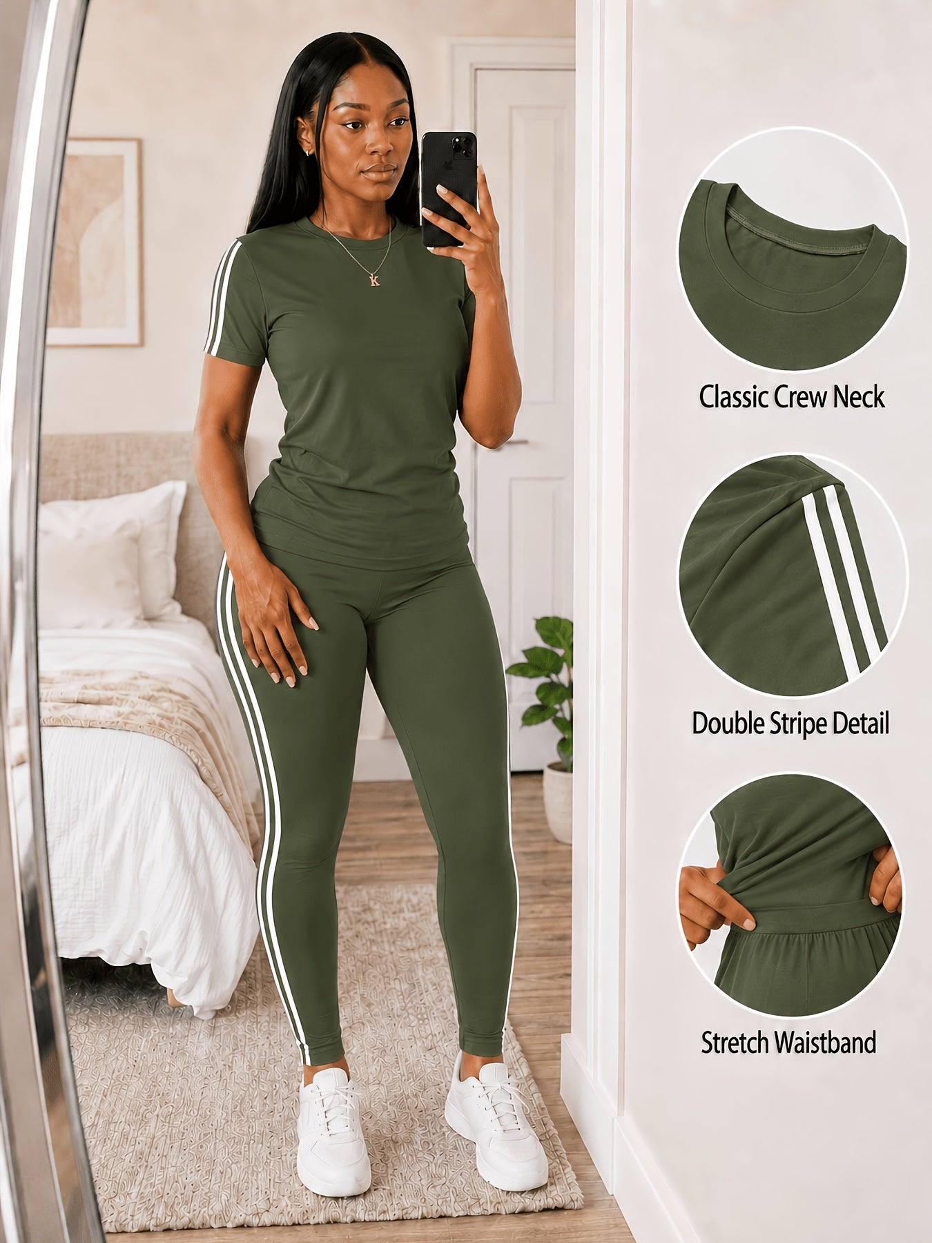 Women's Two-piece Casual swear Striped Edge Short Sleeved Round Neck Pullover, Slim Fit Striped Edge Pants Set, s Suit