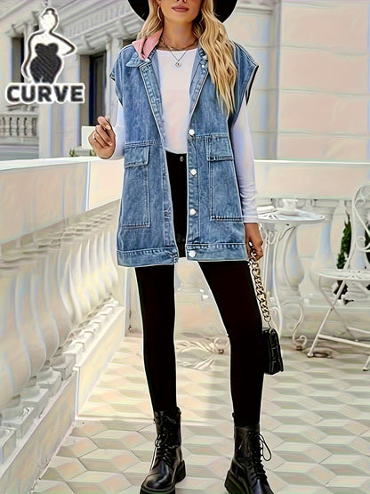 Large Loose Casual Denim Jacket with Hooded Vest, Detachable Hat