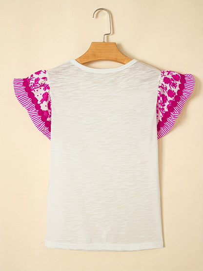 Blue Ricrac Trim Printed Flutter Sleeve Contrast Patchwork Blouse