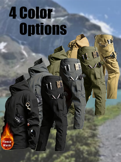 Men'S New Thickened Two-Piece Windproof Jacket And Hoodie Designed for Autumn And Winter, Featuring Multiple Pockets, Elastic Materials, And Warmth, Ideal for Hiking, Skiing, Fishing, And Outdoor Sports. Tactical Style with Breathable Fabrics