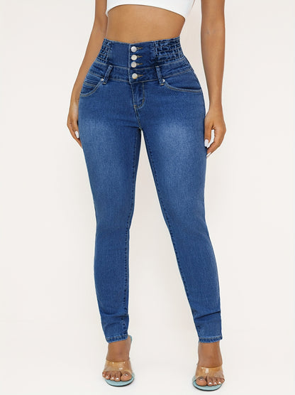 High Waist Skinny Jeans For Women, Casual Stretch Denim, Solid Color, Slim Fit, With Shirring Detail, For All-Season Pants