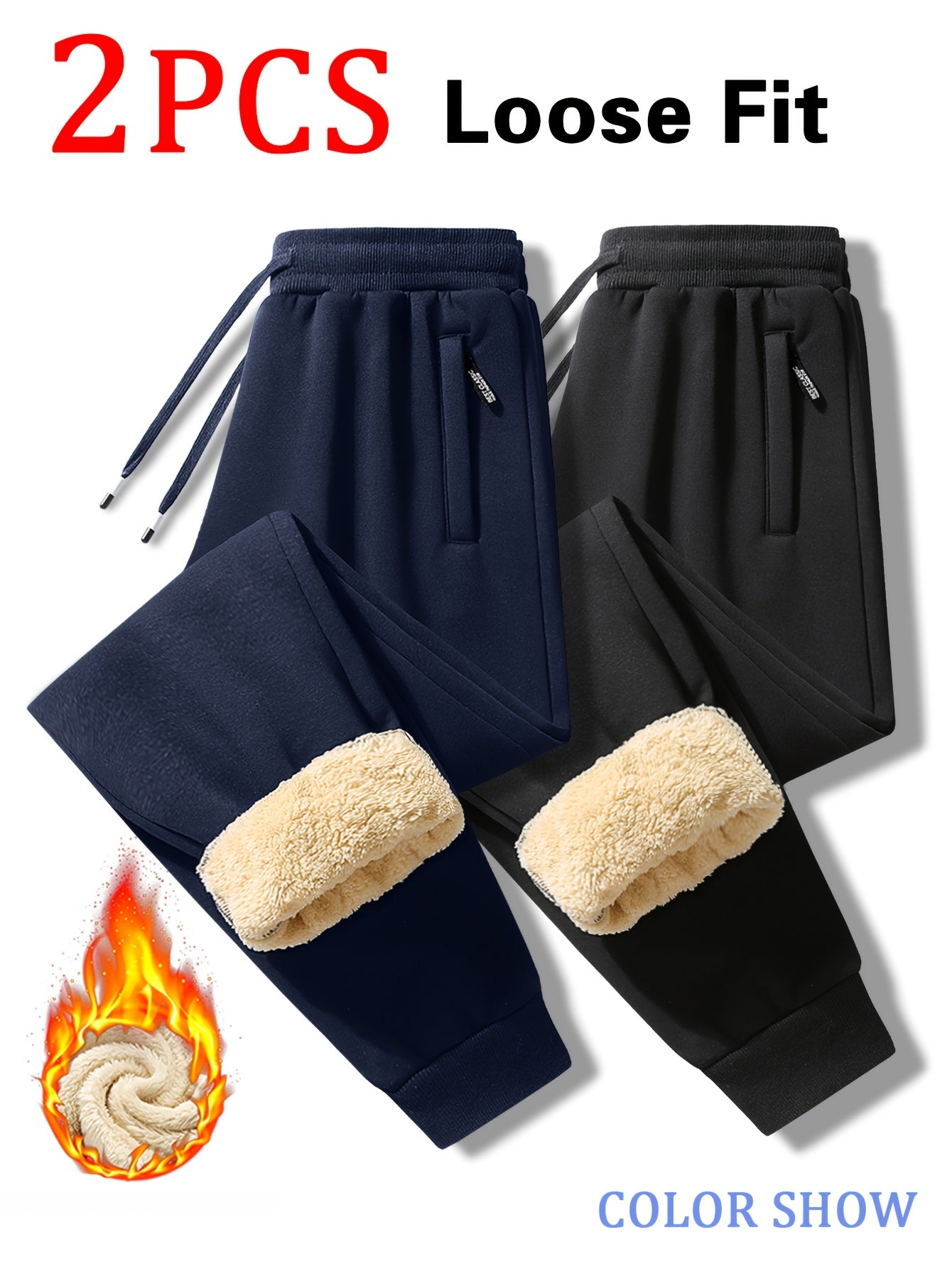 2pcs Winter Men's Warm Lamb's Fleece Casual Pants, Loose-Fit Essential for Home and Daily Wear, Simple Fleece-Lined Casual Pants with Elastic Waistband, Hidden Zipper Pocket Design, Cuffed Hem for Warmth, Loose and Long Fit. Simple and Versatile
