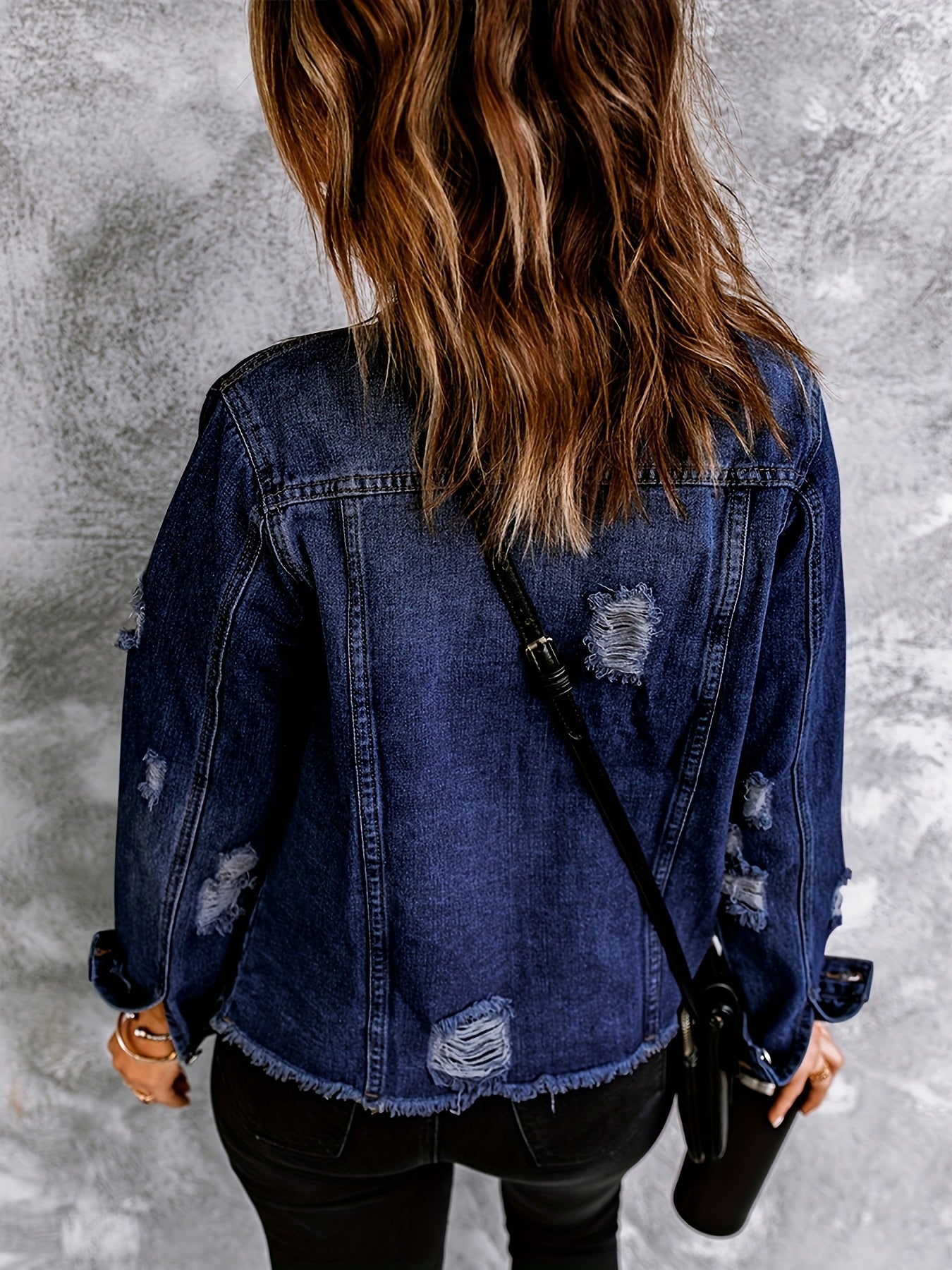 Women's Ripped Washed Button-Up Boyfriend Denim Jacket Coat with Pockets, Casual Classic Distressed Denim Outerwear TZ001