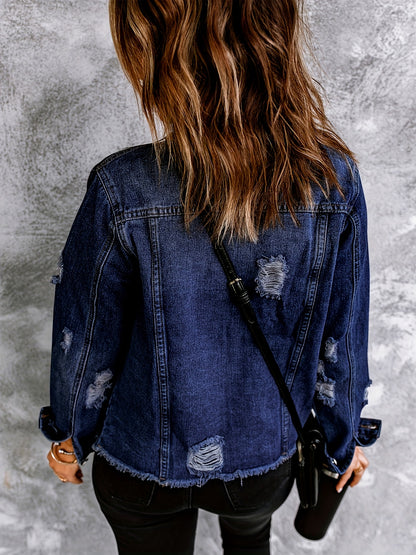 Women's Ripped Washed Button-Up Boyfriend Denim Jacket Coat with Pockets, Casual Classic Distressed Denim Outerwear TZ001