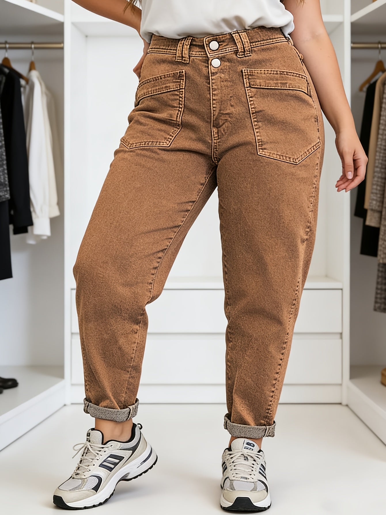 Plus Size Women'S Stretch Mid-Rise Straight Leg Jeans with Slanted Pockets - Versatile Year-Round Denim for Casual Everyday Wear Workwear Style, Relaxed Fit, Suitable for All Seasons, Casual And Semi-Formal Occasions