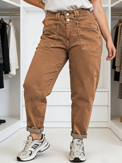 Plus Size Women'S Stretch Mid-Rise Straight Leg Jeans with Slanted Pockets - Versatile Year-Round Denim for Casual Everyday Wear Workwear Style, Relaxed Fit, Suitable for All Seasons, Casual And Semi-Formal Occasions