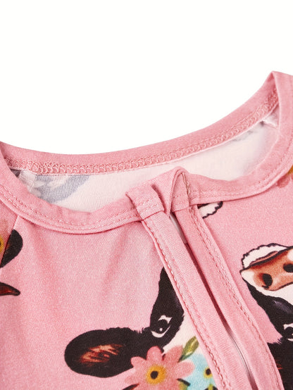 LULUKAKA Newborn Baby Girl Bamboo Fiber Zippered Pink Jumpsuit, Farm Series Cartoon Bull Full Body Print Design, Long Pants Bamboo Fiber Outfit for Baby Girls, Bamboo Toddler Sleepwear, Bodysuit for Toddlers And Infants