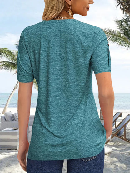 Women's Hot-selling Summer Casual V-Neck Pleated Blouse Short Sleeve Button-Up Solid Color Top