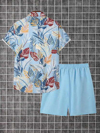 Set of 2pcs: Men'S Summer Short-Sleeve Button-Up Shirt And Shorts.