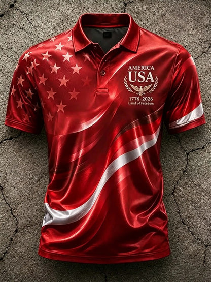 Men'S Independence 250Th Anniversary Polo Shirt Gradient Red Star Shoulder & Glossy Wave Stripe Graphic, USA Eagle Laurel Wreath Letter Logo Sport Golf Tee