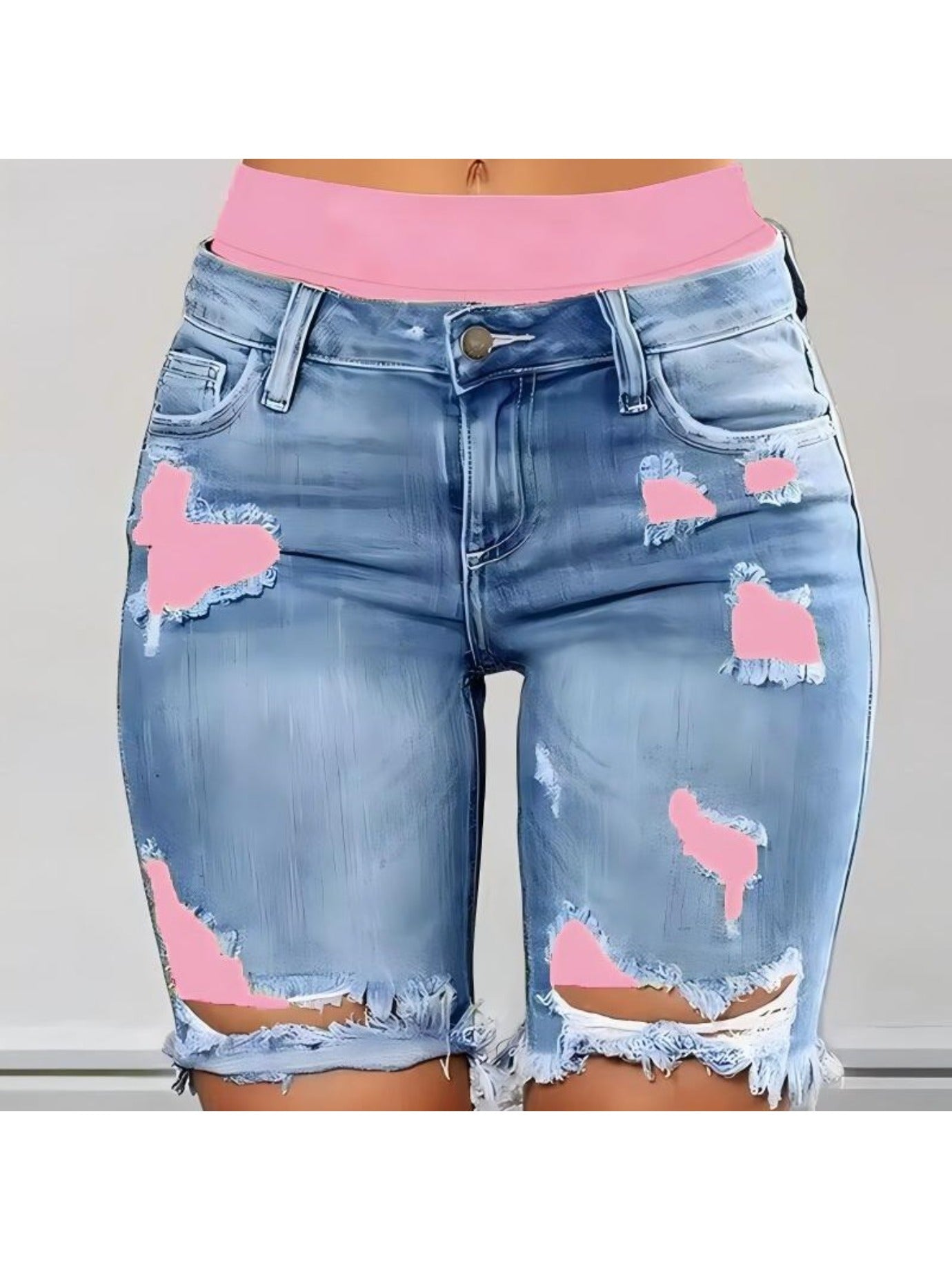 Denim Shorts, Color Block Printed Ripped Shorts/w Fitness Running Shorts