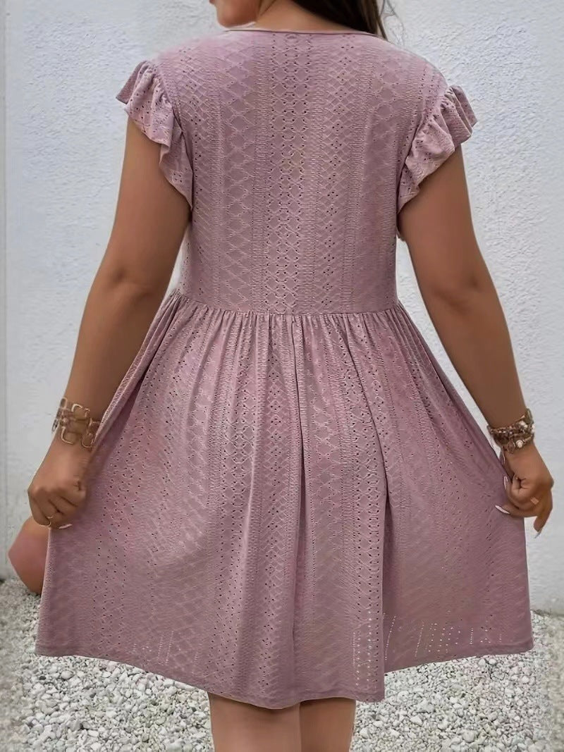 Plus Size - Summer Plus-Size Women'S Hollow-Out Embroidered Dress - Cross V-Neck with Ruffled Short Sleeves And a Flared Skirt, Made of Lightweight Breathable Fabric, Available in Sizes L-5XL, Suitable for Beach Or Casual Wear