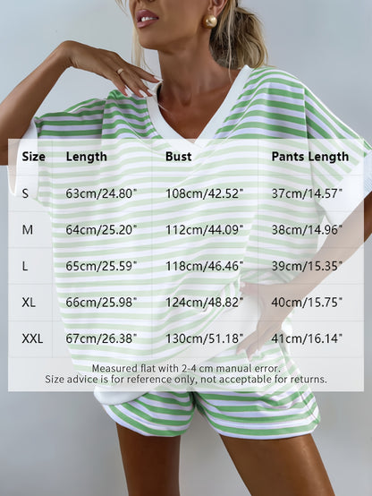 Women'S 2pcs Striped Lounge Set Short Sleeve V-Neck Top And High-Waist Shorts, Casual Athletic Sleepwear Outfit, Summer Sportswear