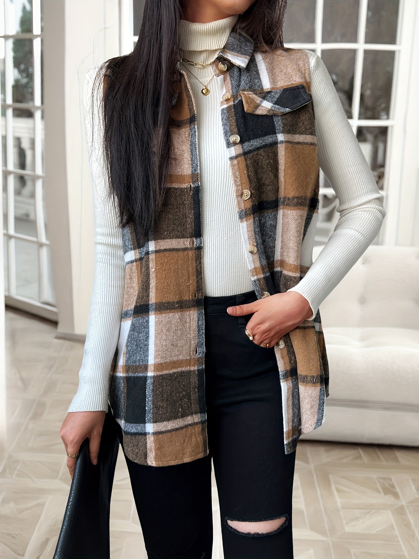 Fashionable Women'S Lapel Vest Jacket in Plaid for Spring, Autumn, And Winter