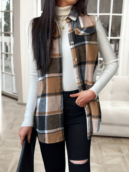Fashionable Women'S Lapel Vest Jacket in Plaid for Spring, Autumn, And Winter