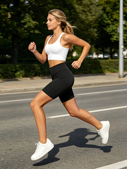 5pcs Women's Elasticated Yoga Shorts with Pockets, High-waisted for Abdominal Support, Suitable for Exercise, Running And Cycling, Sweat-absorbing Elasticated Cycling Pants, Training And Running 5pcs Yoga Shorts