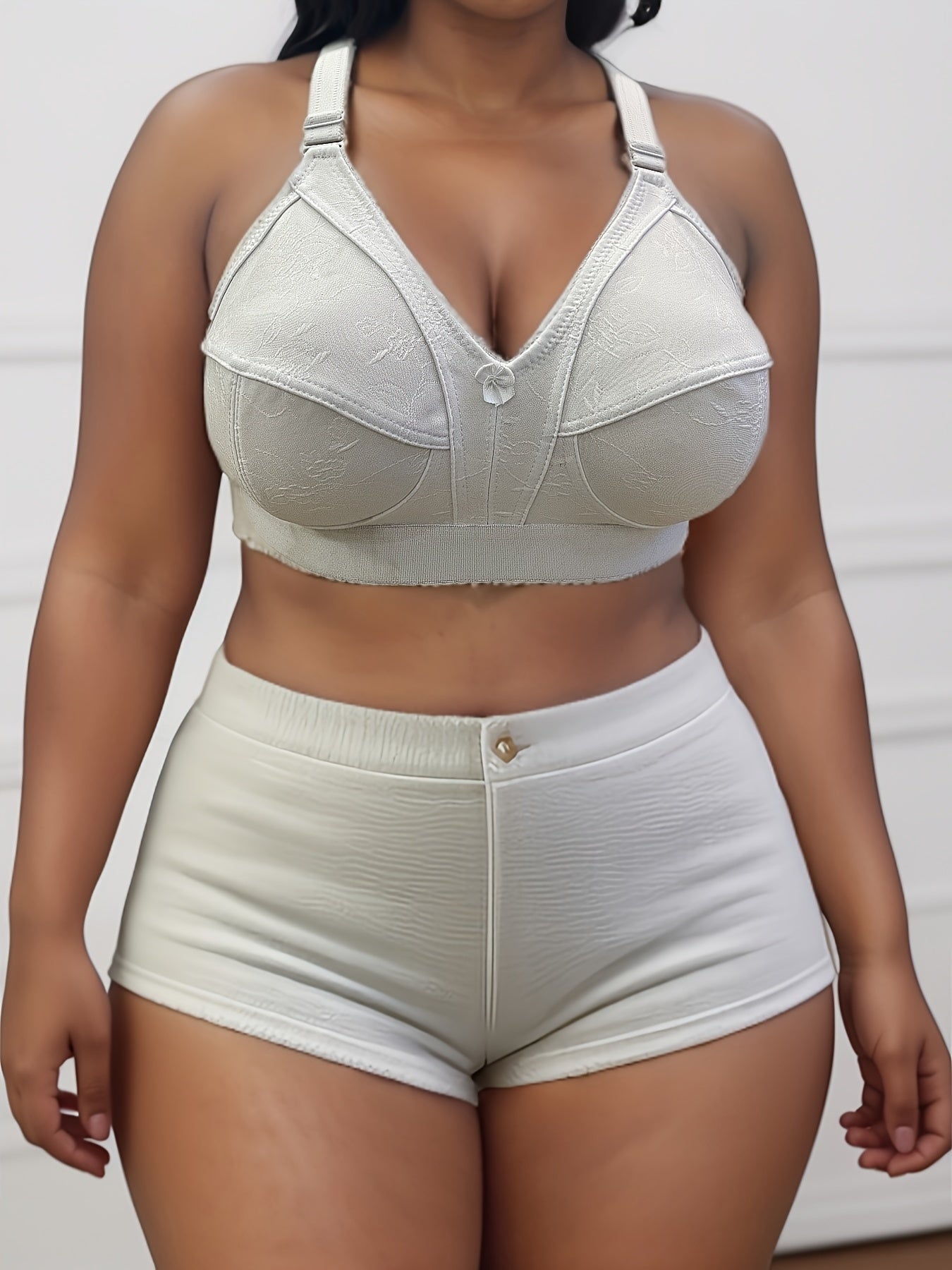 3pcs Women's Plus Size Wide Strap Bras - Floral Jacquard No Underwire Comfort Bras for Large Bust, Asymmetrical Design with Adjustable Straps & Breathable Fabric (White/Black/Beige)