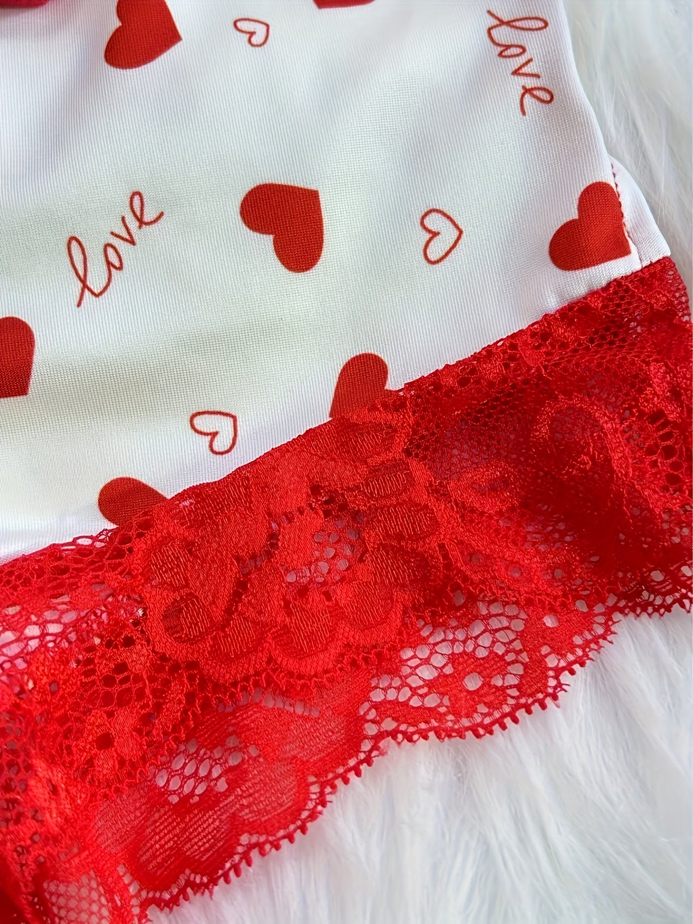 Contrast Color Lace Stitching Plaid Love Print V-neck Bilateral Side Open Backless Skin-friendly Soft Home Casual Pajamas Set