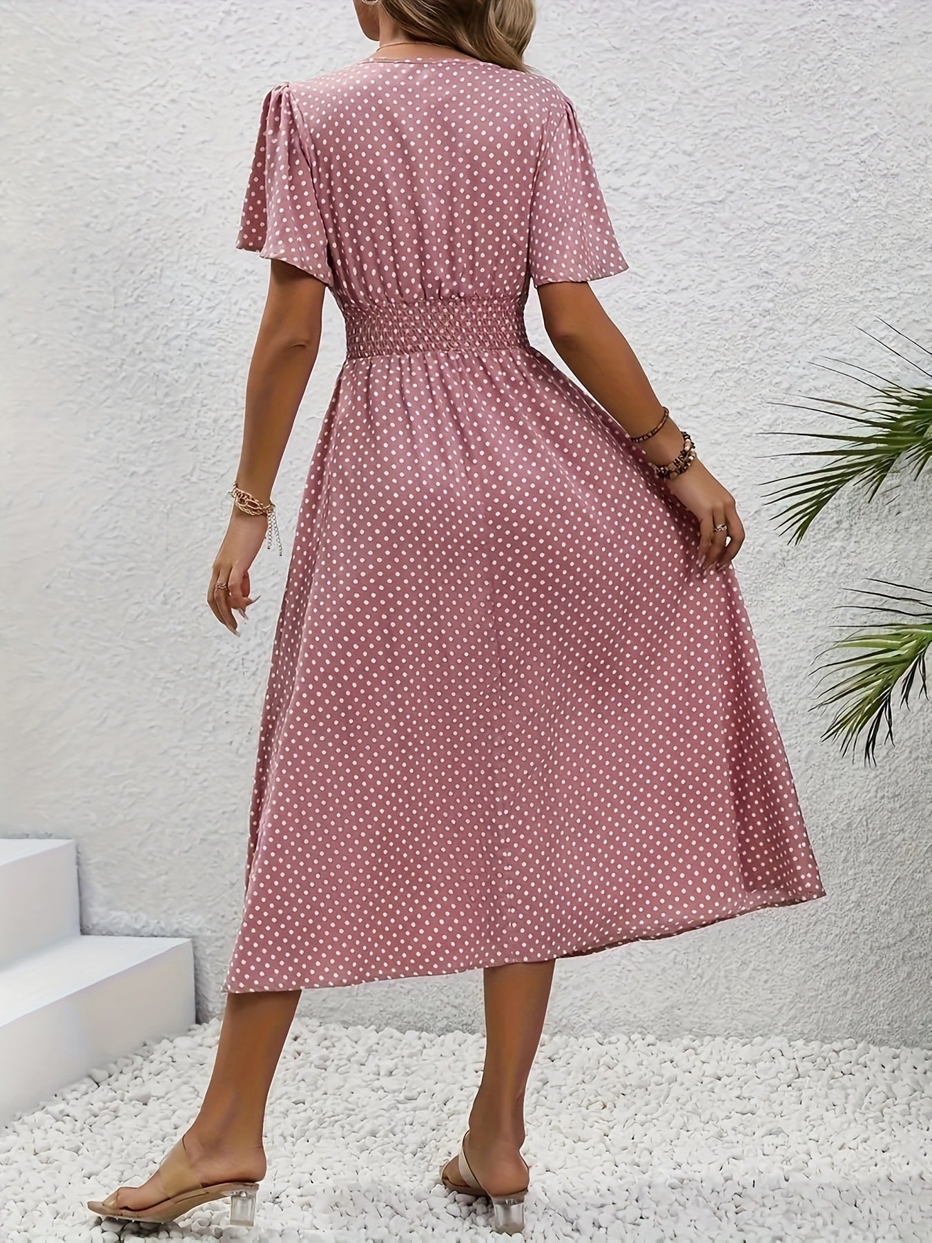 Stylish Pink Polka Dot Midi Dress for Ladies - Casual V-Neck, Ruffled Sleeves, Fitted Waist Design, Made from Lightweight, Ideal for Spring And Summer, Machine Washable
