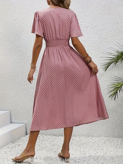 Stylish Pink Polka Dot Midi Dress for Ladies - Casual V-Neck, Ruffled Sleeves, Fitted Waist Design, Made from Lightweight, Ideal for Spring And Summer, Machine Washable
