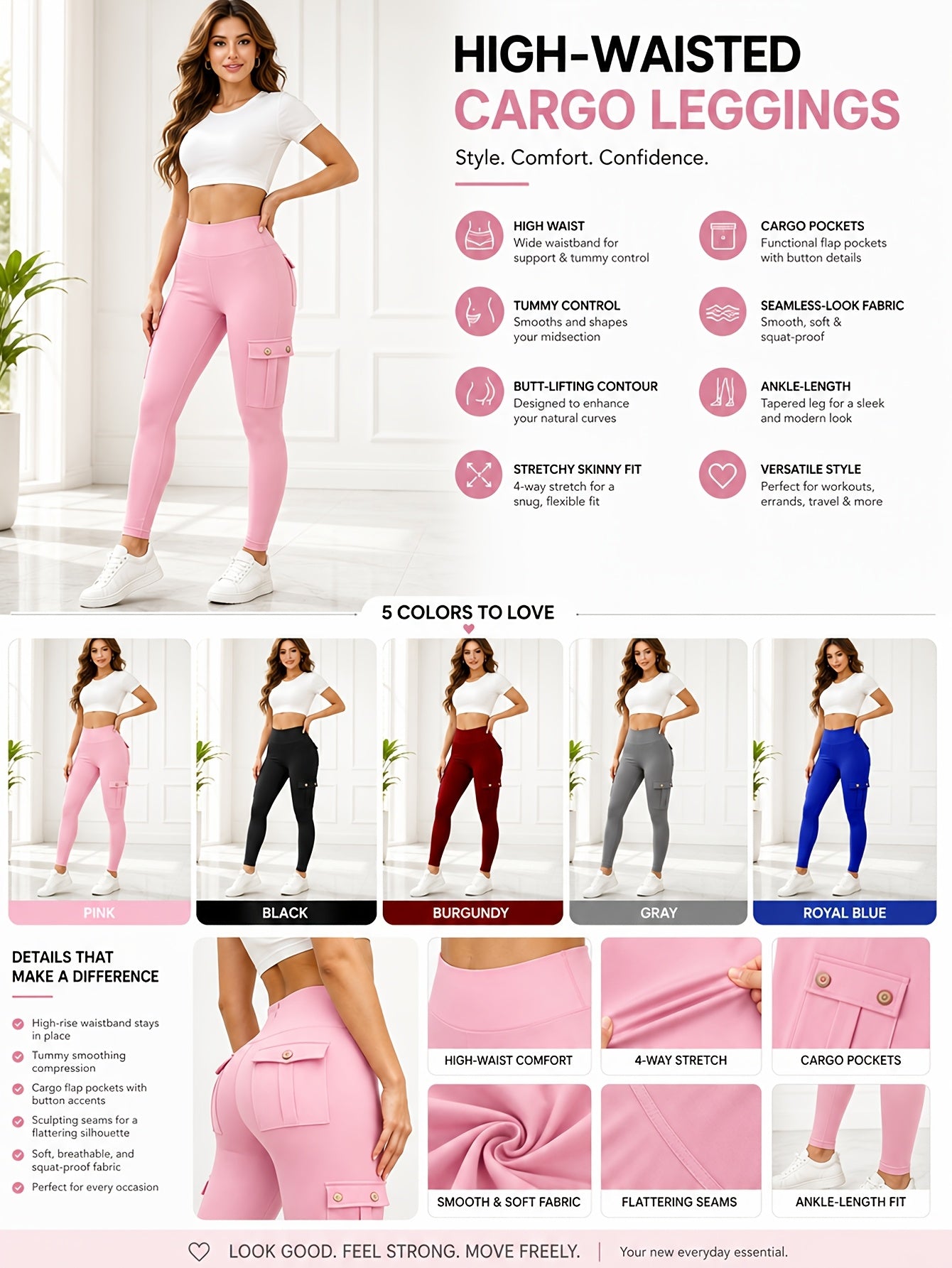 5 Pack Womens High Waist Yoga Leggings 4 Button Large Pockets Tummy Control Slim Fit 4 Way Stretch Soft Breathable Non Restrictive Sports Workout Leggings Great Value Multipack for Gym Running Training Daily Wear Fast Local Warehouse Delivery