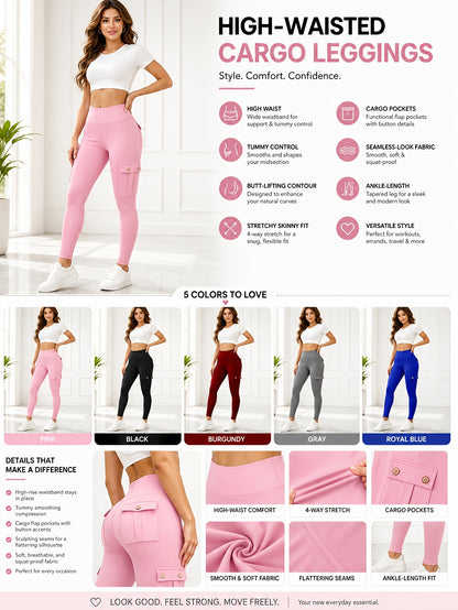 5 Pack Womens High Waist Yoga Leggings 4 Button Large Pockets Tummy Control Slim Fit 4 Way Stretch Soft Breathable Non Restrictive Sports Workout Leggings Great Value Multipack for Gym Running Training Daily Wear Fast Local Warehouse Delivery