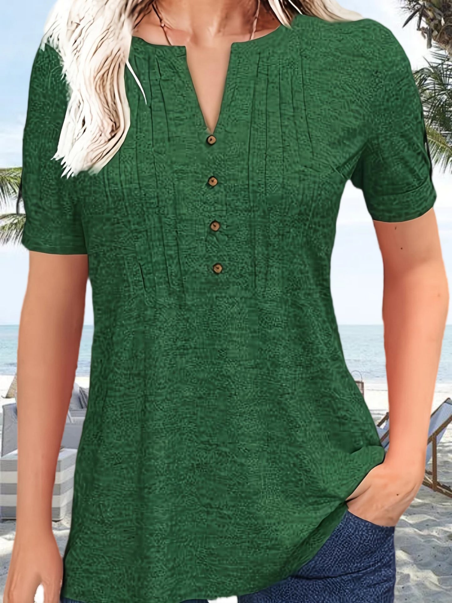 Women's Hot-selling Summer Casual V-Neck Pleated Blouse Short Sleeve Button-Up Solid Color Top