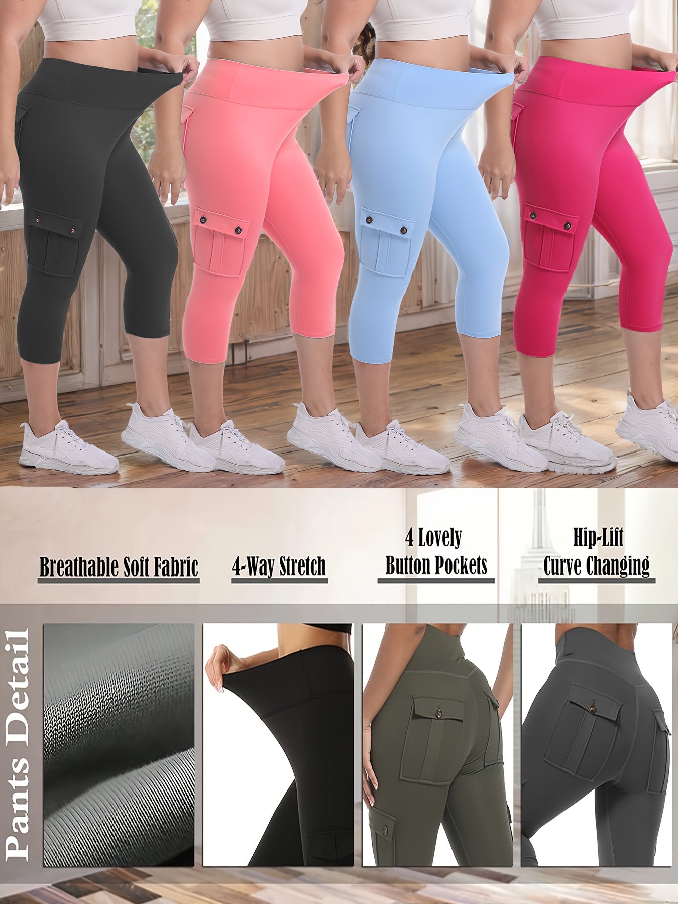 Women's Black/Pink/Blue/Rose Polyester High-Waist Leggings - product view 4