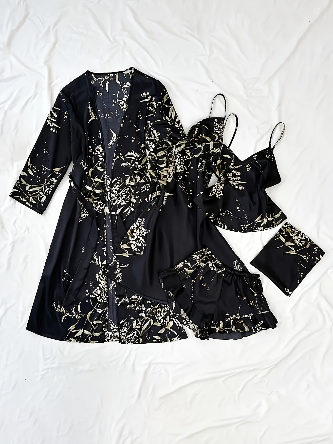 Women'S Printed Pajamas Set - Set (Including Robe, Short Suspender, Shorts And Skirt), Cherry Printed Pajamas, Loose, Soft And Comfortable