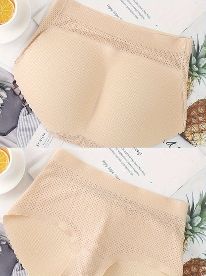 2pcs Solid Fake Butt Padded Seamless Shaping Panties with Scallop Trim, Comfy & Breathable Butt Lifting Panties, Women's Underwear & Shapewear