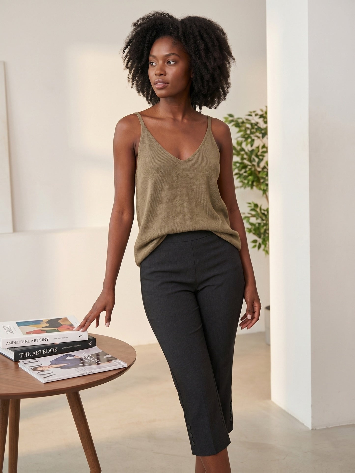Women'S High-waisted Slim-fitting Capri Pants, Suitable For, Work And Daily Wear, With Pockets