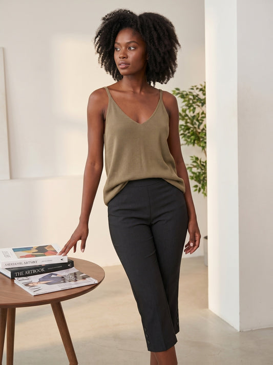 Women'S High-waisted Slim-fitting Capri Pants, Suitable For, Work And Daily Wear, With Pockets