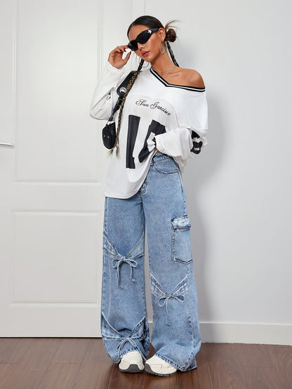 Women'S Plus Size Denim Clothing Curved Bow Side Pocket Straight Trousers
