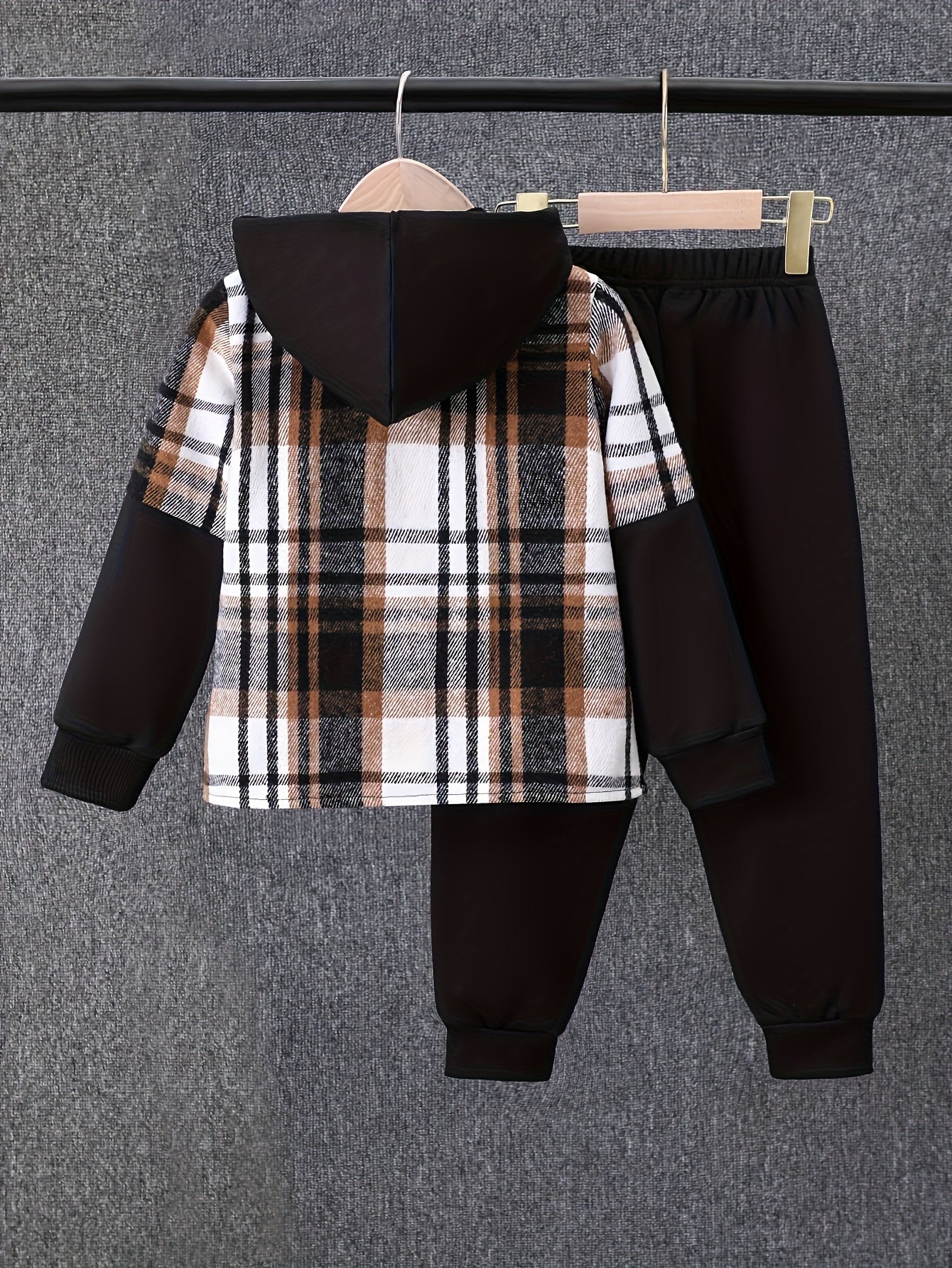 2pcs, Autumn And Winter New Boys' Long-Sleeve Plaid Cardigan Suit Boys' Puff Hooded Jacket Boys' Fashion Work Pants, for Outdoor