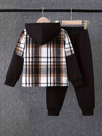 2pcs, Autumn And Winter New Boys' Long-Sleeve Plaid Cardigan Suit Boys' Puff Hooded Jacket Boys' Fashion Work Pants, for Outdoor
