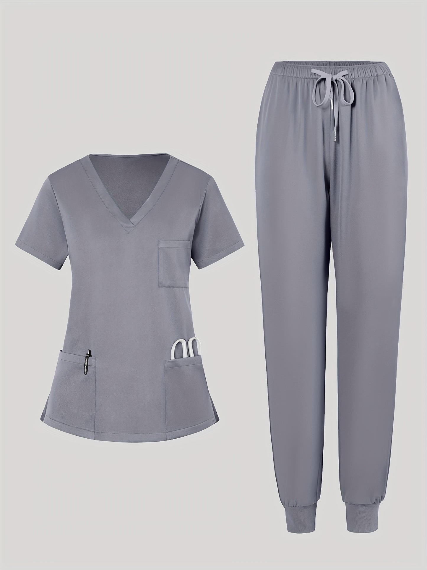 2pcs Set Of Women's V-neck Matte Breathable S Uniform Pocket Hand Washing Work Clothes Brush Hand Clothes Tying Feet Pants Set