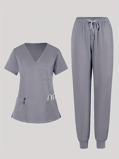 2pcs Set Of Women's V-neck Matte Breathable S Uniform Pocket Hand Washing Work Clothes Brush Hand Clothes Tying Feet Pants Set