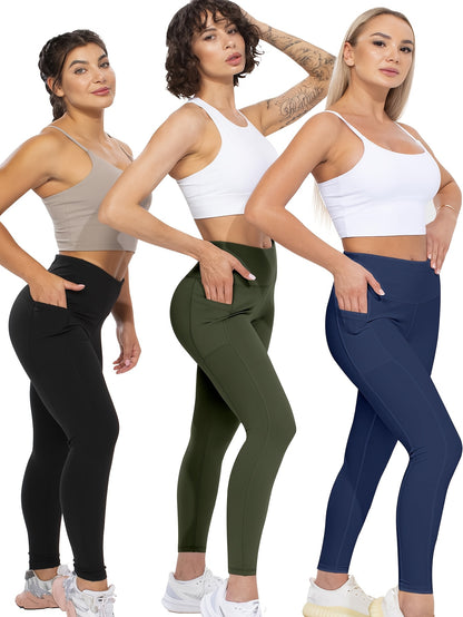 5pcs Women's Plus-Size High-Waisted Yoga Pants with Butt Lifting & Pockets - Full-Length Workout Leggings, Soft Stretch Fitness Pants Suitable for Gym, Pilates, Casual Attire - 5pcs Bulk Pack