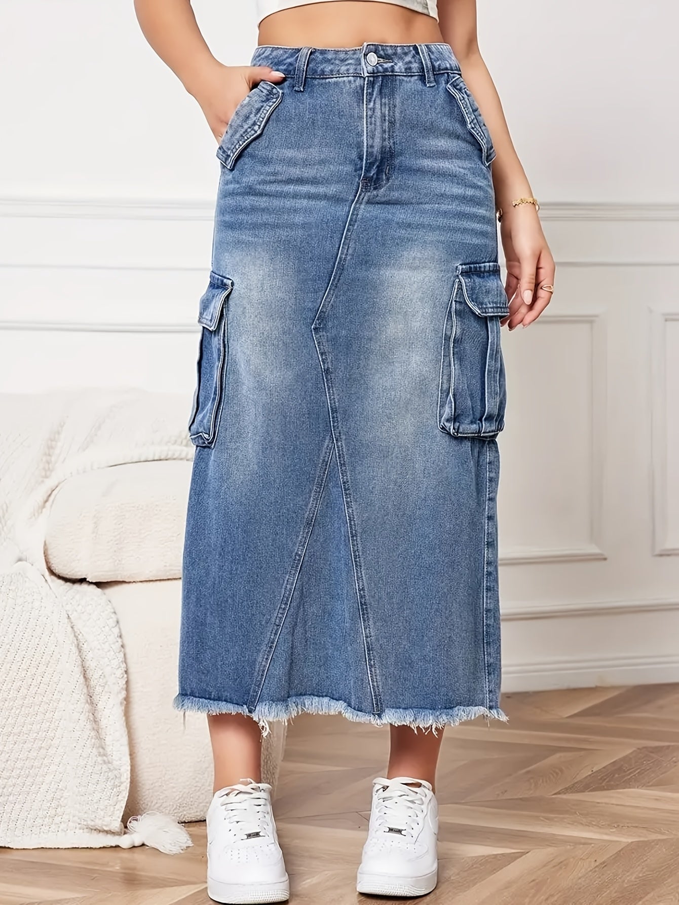 Women's Mid-Rise Stretch Denim Skirt with Baggy Hem & Frayed Edge Detail - Casual Workwear Style Mid-Length Skirt for Spring Summer Fall, Machine Washable, Jean Skirt