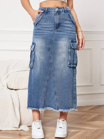 Women's Mid-Rise Stretch Denim Skirt with Baggy Hem & Frayed Edge Detail - Casual Workwear Style Mid-Length Skirt for Spring Summer Fall, Machine Washable, Jean Skirt