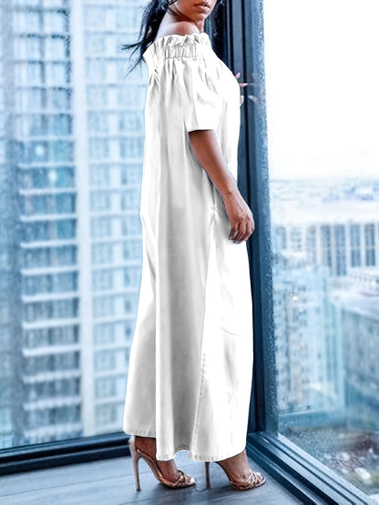 Women'S Spring/Summer 2025 New Loose Short Sleeves Pleated Solid Color Split-Joint Stretch; Elastic Off-The-Shoulder Jumpsuits