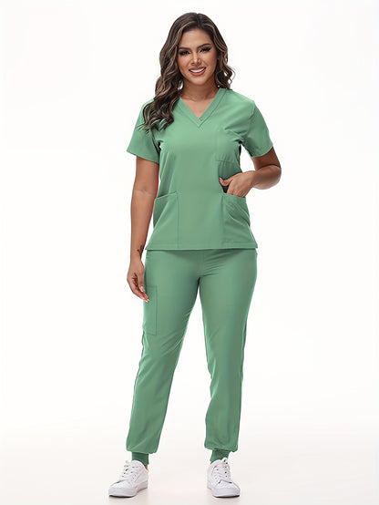 [Breathable Scrubs Set] Scrubs Top And Pants Unisex Breathable Quick Drying Scrubs Uniform Women And Man Scrubs Set V-Neck Top T-Shirt And Tapered Leg Jogger With Drawstring Nursing Uniforms Set Suitable For Pet Hospitals, Dental Clinics, Nursing Work, Et
