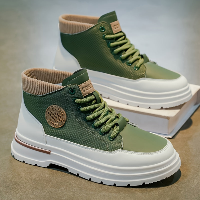 Men'S High-top Casual Sports Shoes, Durable PU Soles, Breathable Fabric Linings, Lacing, All-season Sports And Casual Style, Suitable For Hiking, Mountaineering And Outdoor Shoes