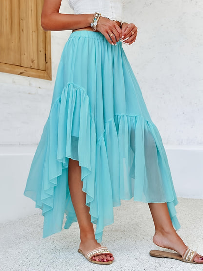 Women's Summer Boho Maxi Skirt Casual Asymmetric High-Low Hem Flowy Bohemia Long Skirt