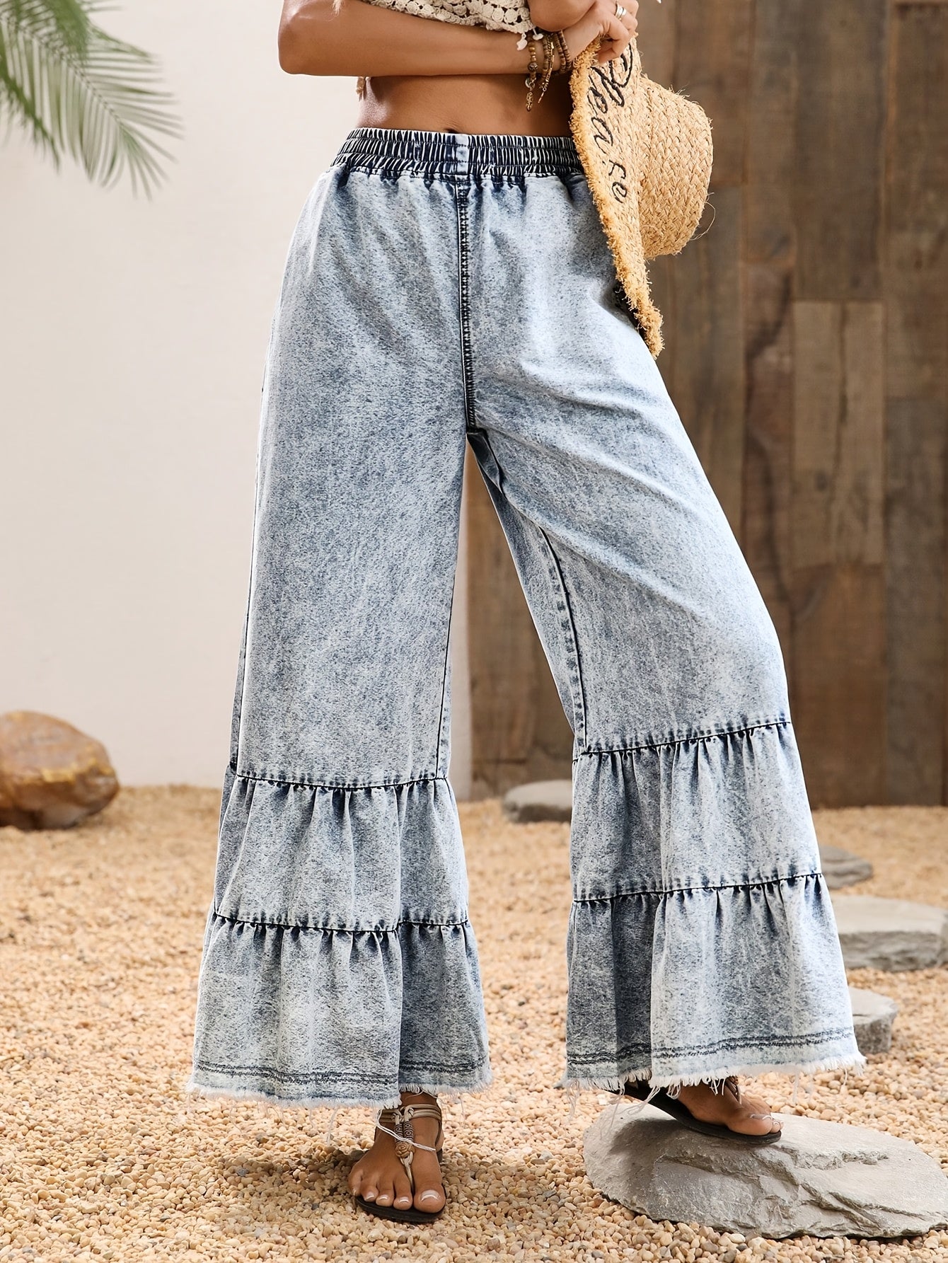 Women'S Large Size Ruffle Hem Denim Wide Leg Raw Edge Pants