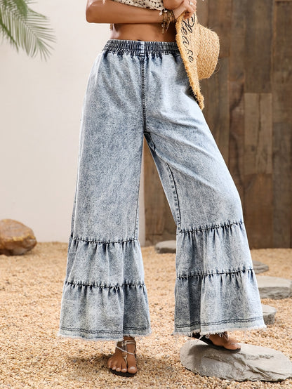 Women'S Large Size Ruffle Hem Denim Wide Leg Raw Edge Pants