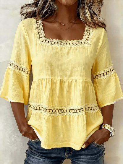 [Lace Blouse] New Summer Women's Square-Neck Lace-Panel Blouse: Loose-Fit, Shirt with 3/4-Length Bell Sleeves; Breathable -Linen Shirt with Openwork Lace for a Vacation-Inspired Look